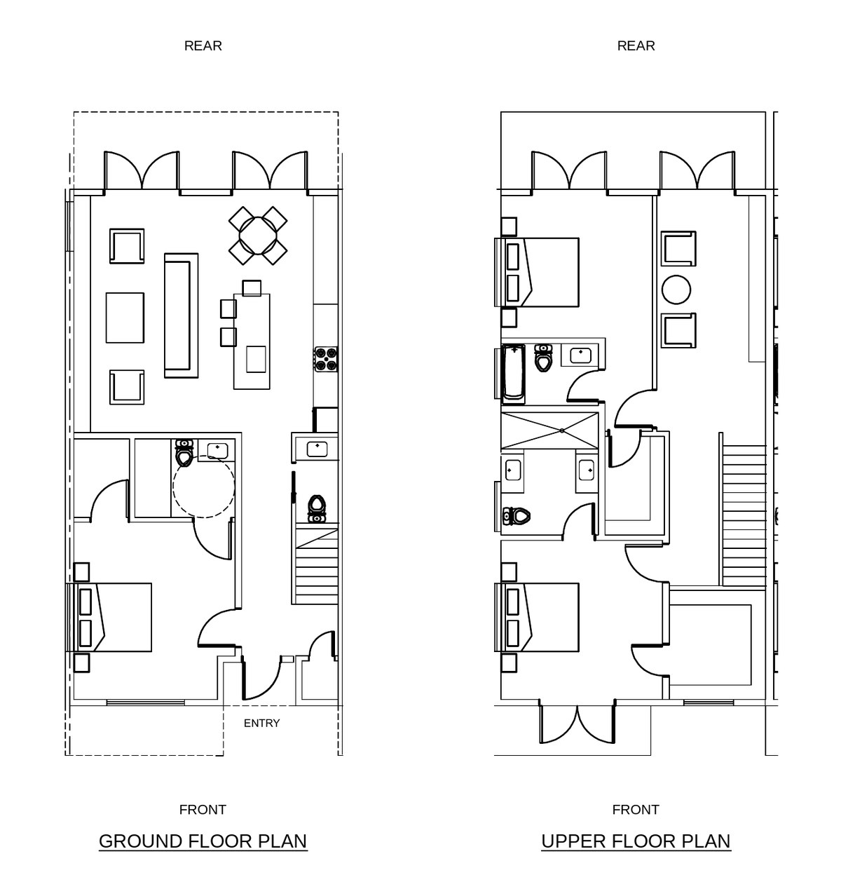 Representative single-unit floor plan, ground and upper floor